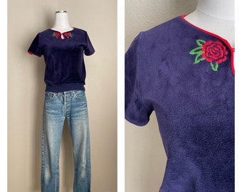 Vintage 70s 80s blue floral velour blouse with embroidered roses - women's xxsmall to xsmall