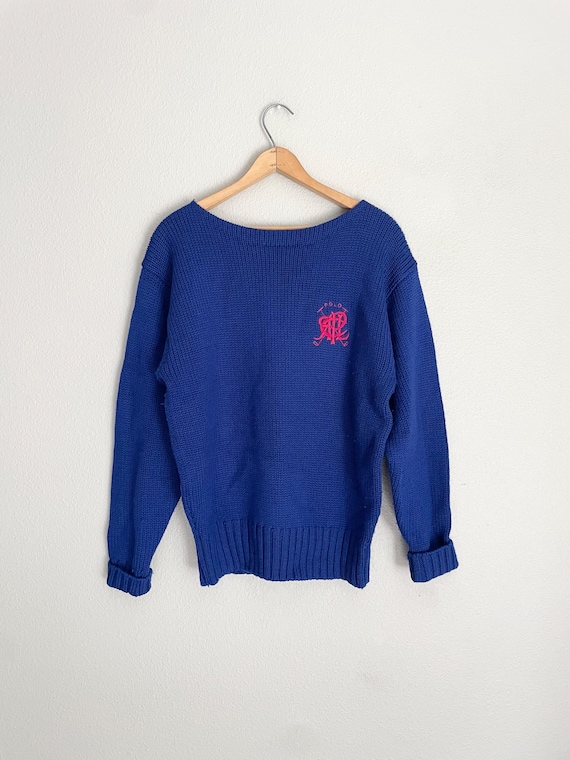 Vintage Polo Ralph Lauren Blue Boat Neck Logo Sweater - Men