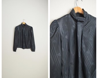 vintage 80s black secretary silky satin long sleeve pleated blouse - xsmall small