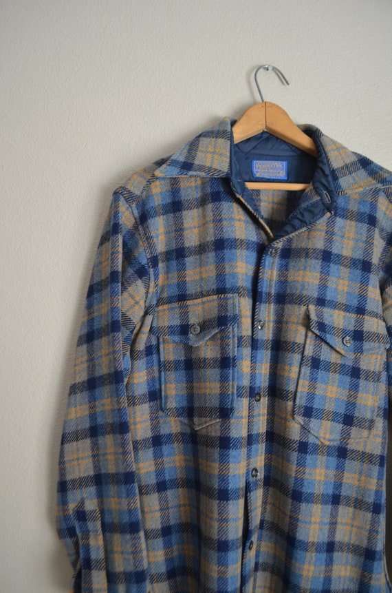 blue plaid wool Pendleton jac shirt / vintage 1970s 1… - Gem