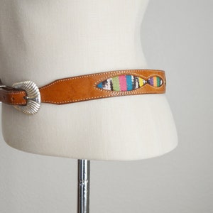 vintage 80s ethnic mexican style colorful canvas leather silver creek western usa made brown leather belt with silver buckle-- size 30/32