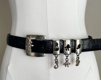 vintage 90s Black Leather Disney Minnie Mouse Brighton Silver-Tone Belt -- women&#39;s medium - 30