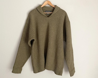 Will Not Ship Until May 21st (5/21) - Vintage 90s Banana Republic Green Brown Wool Shawl Neck Sweater - men's large