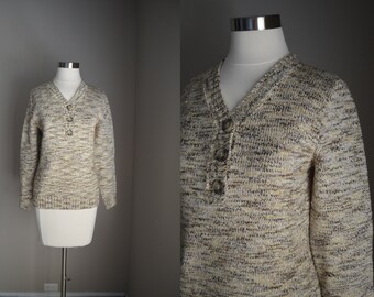 vintage oatmeal heather cotton blend light weight sweater -- women's petite small