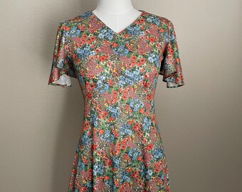 Vintage 70s Nylon Floral Groovy Empire Waist Flutter Shoulder Maxi Dress - small