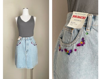 vintage 80s 90s light wash denim jewelled jordache mini skirt -- 32 waist / medium jean skirt