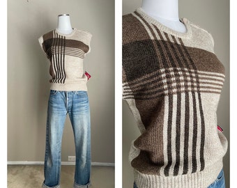 Vintage 80s Tam-Jay Brown Beige Striped Sweater Vest Deadstock - women's small