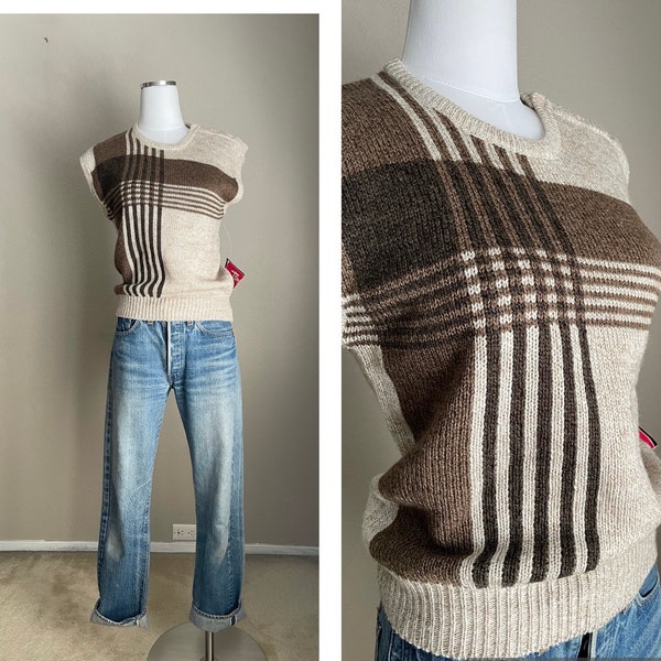 Vintage 80s Tam-Jay Brown Beige Striped Sweater Vest Deadstock - women's small