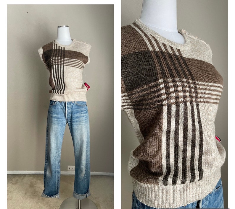 Vintage 80s Tam-Jay Brown Beige Striped Sweater Vest Deadstock women's small image 1