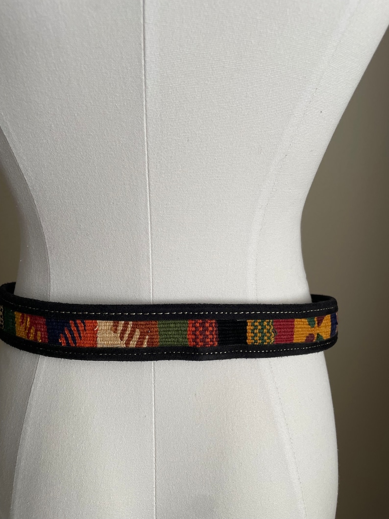 vintage ethnic woven Guatemalan black canvas leather belt colorful belt unisex size 31/32 medium women's image 7