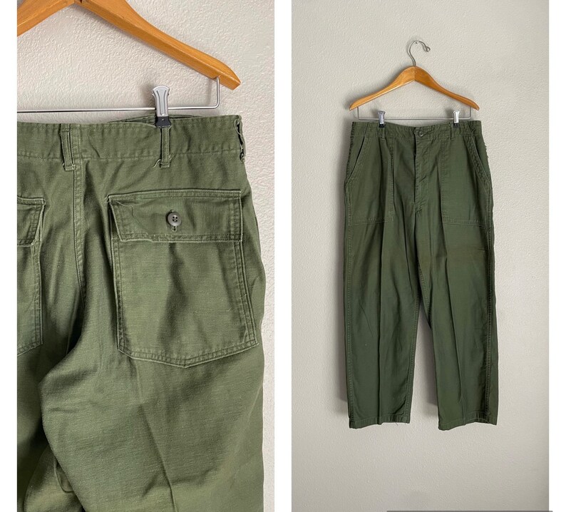 Vintage 1970 Unisex Olive Drab Utility Fatigues Military Trouser 32x27 OG 107 31/32 Fatigues image 2