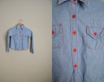 vintage 70s girls chambray denim jean shirt - 4/6x