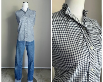 Vintage 50s Blue White Gingham Sleeveless Blouse - small - 36