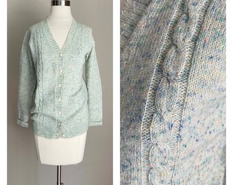 vintage 70s 80s mint blue green variegated speckled grandma lightweight cardigan sweater- small