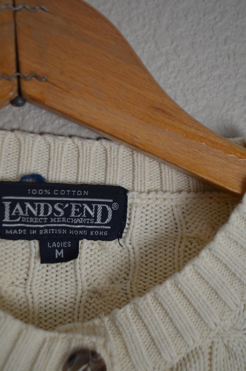 vintage 90s lands/' End Ivory classic cable knit lightweight cardigan sweater cream knit medium weight preppy cardi- ladies medium