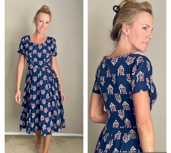 Vintage 40s Navy Blue Novelty Print Dress -- small - image 1