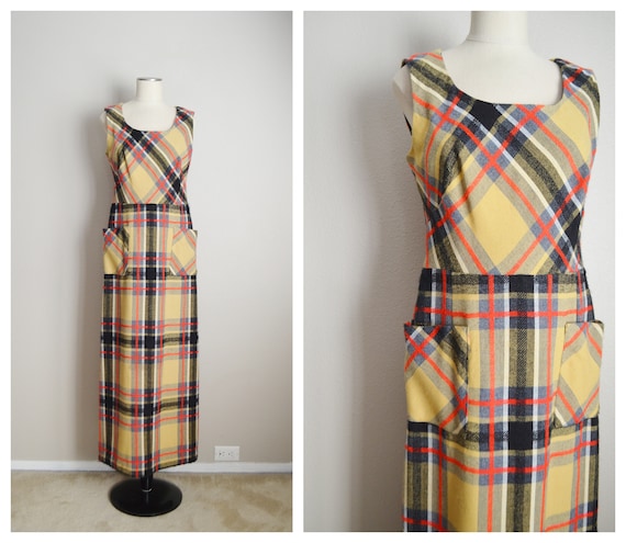 plaid maxi dress / vintage 70s plaid maxi sleevel… - image 1