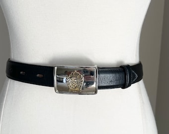 vintage 90s black leather Talbot's Italian leather belt / small women's belt silver buckle with crest- 25/26/27/28/29