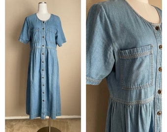 vintage 90s denim button down empire waist jean maxi dress -- xsmall