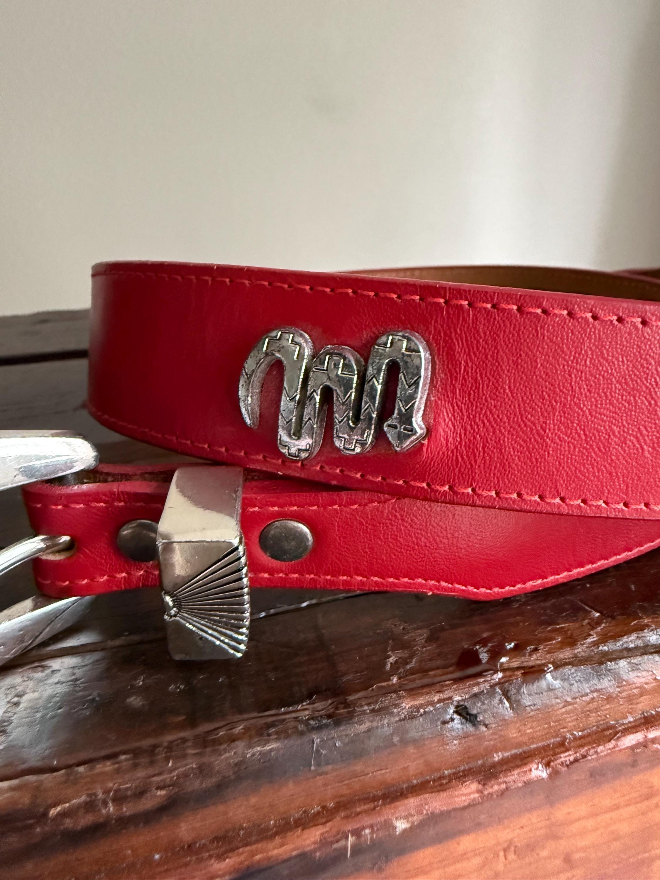 Vintage Red Leather Western Belt Silver Buckle Studded Southwestern USA Size 34 Red Suede Western Belt - Antique Silver Buckle - Shop Now! main image 2