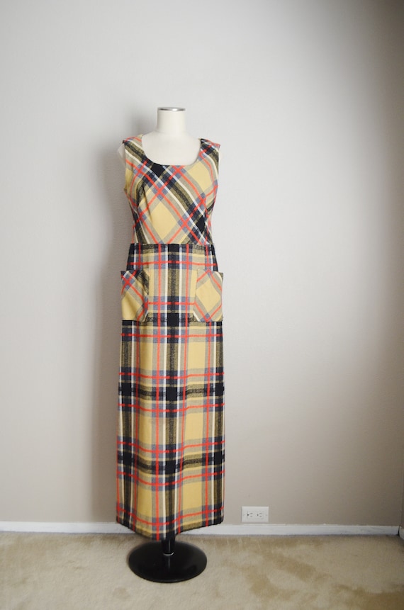 plaid maxi dress / vintage 70s plaid maxi sleevel… - image 2