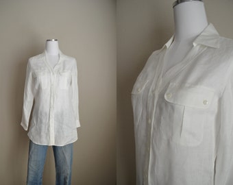 white linen blouse / vintage 90s talbots white linen blouse - xsmall small petite