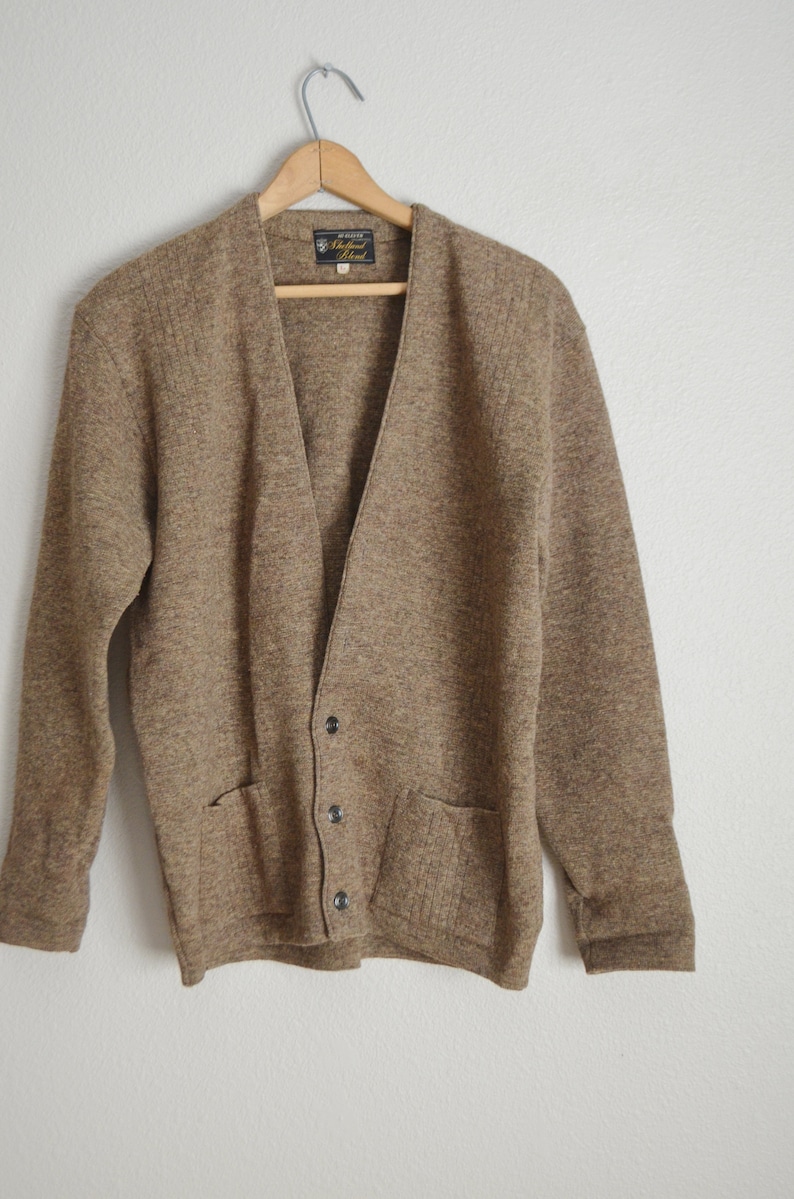 unisex small medium vintage 70s tan wool brown minimal cardigan sweater boyfriend cardigan two pockets grandpa