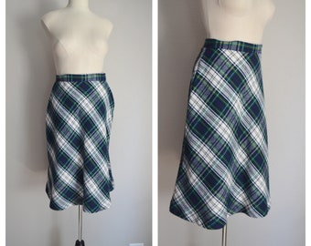 vintage 70s wool blend fall blue green tartan autumn skirt / xsmall plaid skirt / women 1970s plaid skirt / below the knee-23/24