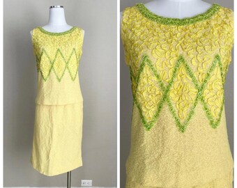 Vintage 60s Knit Skirt Set: Green & Yellow Ribbon Detail - Apollo Knits Small