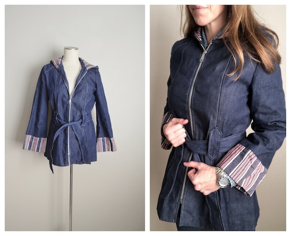 vintage 60s 70s blue denim hooded parka raincoat j