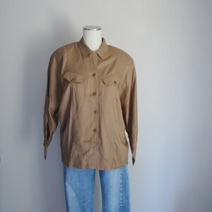 bown blouse / vintage 90s brown rayon button down soft blouse / minimal lightweight summer comfy button down blouse / womens small blouse image 7