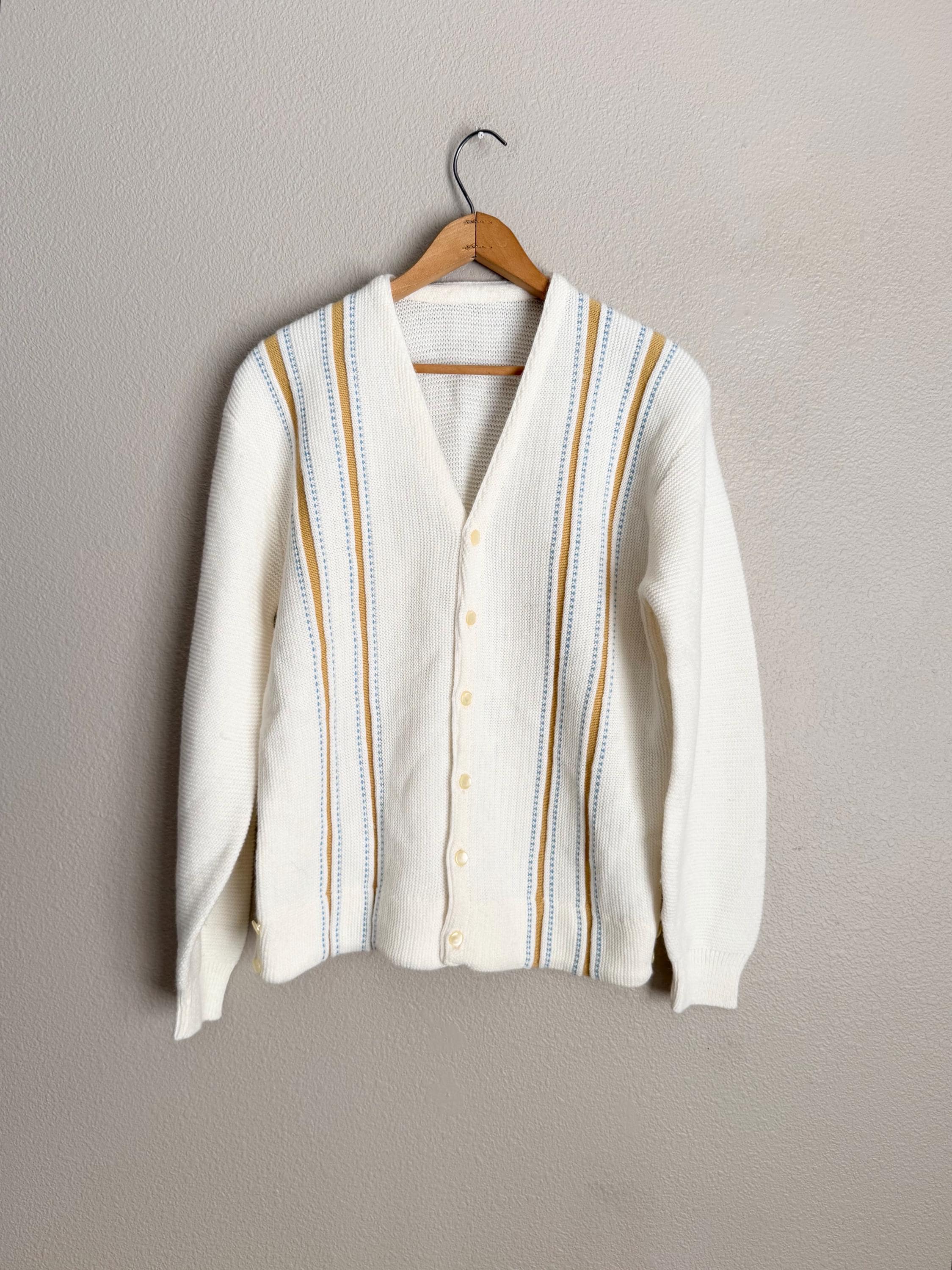 vintage 60s Acrylic Beige Blue Brown Striped Rockabilly Grunge Cardigan Sweater - men's small
