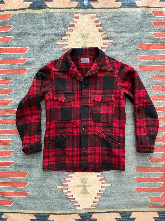 vintage 80s red plaid wool Pendleton Mackinaw Jac… - image 1