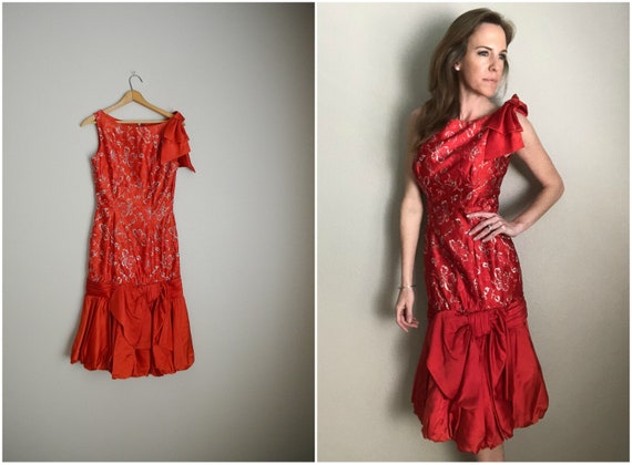 50s red cocktail evening dress - small