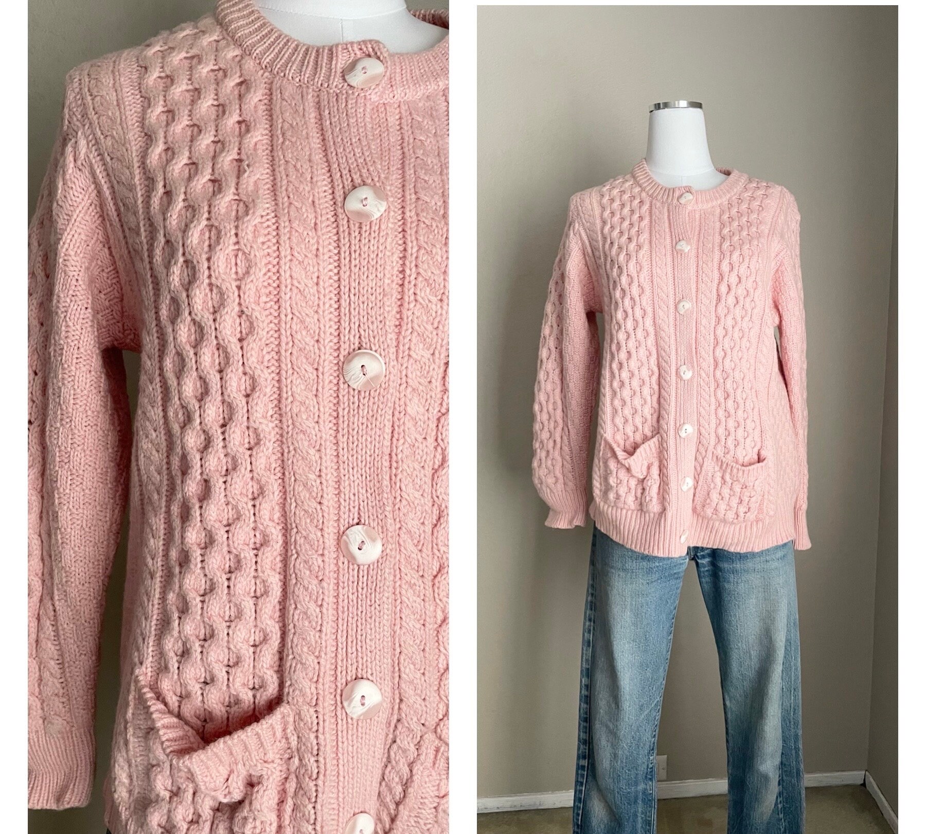 Aran Strickjacke Strickjacke Rosa Wolle IrelandsEye Aran-Cardigan