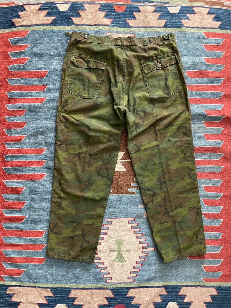 Vintage 1970s Olive Drab Camo Utility Fatigues Military Trouser 42 42x31 OG Style Camouflage Trousers image 6