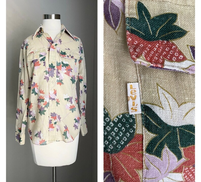 vintage 70s Levi's floral linen style leaves button-down blouse women's small/medium image 1