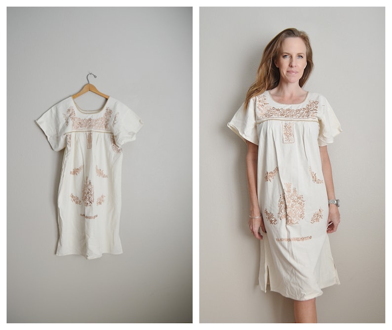 small medium large vintage ivory cream beige embroidered mexican oaxacan patio summer cotton boho hippie ethnic lounge dress one size