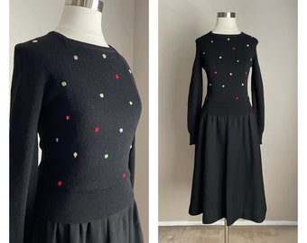 Vintage ‘70s ‘80s Black knit Polka Dot Lord & Taylor knit Dress - xsmall/small