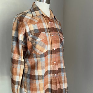 vintage 80s burnt orange brown blue wool plaid pearl snap button down blouse women's medium image 6