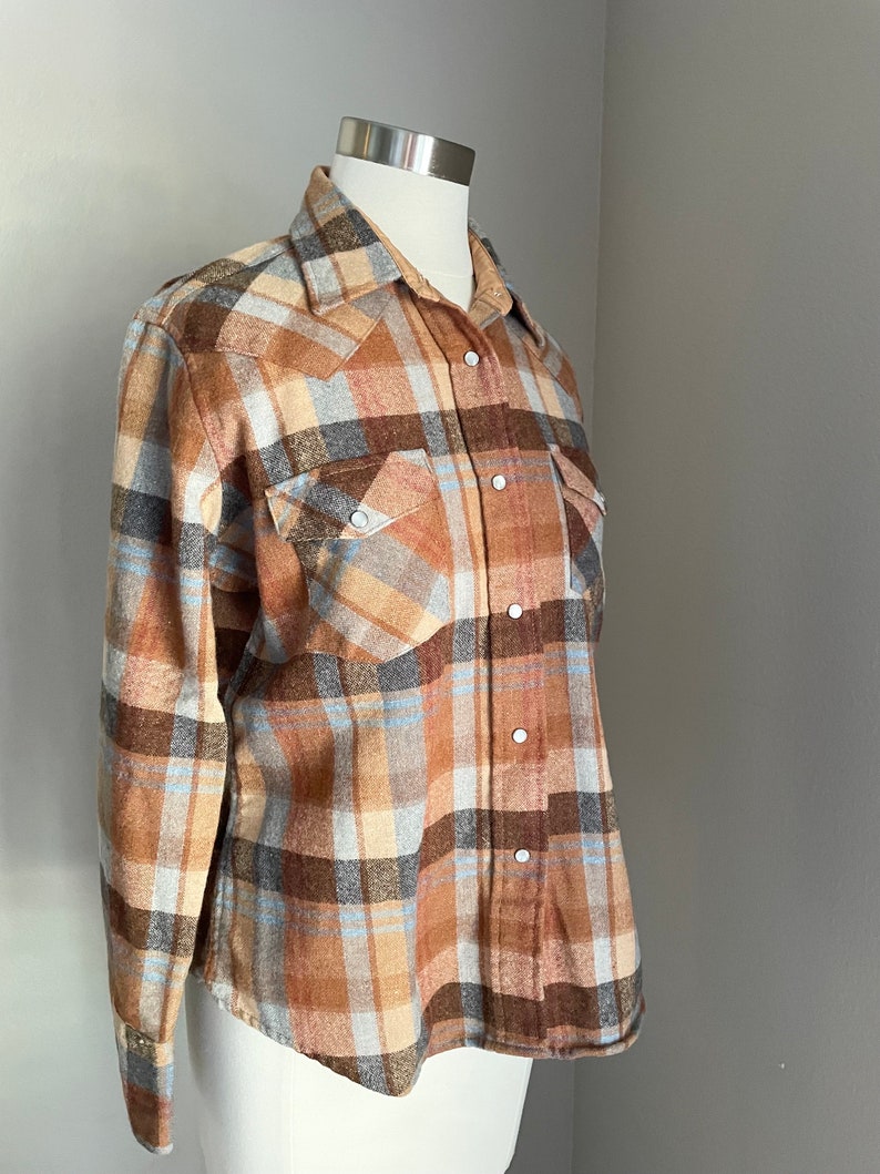 vintage 80s burnt orange brown blue wool plaid pearl snap button down blouse women's medium image 6