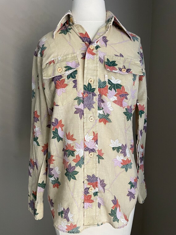 linen leaf print button shirt cuffed vintage ... M/L ,,, ^^^ main image 1