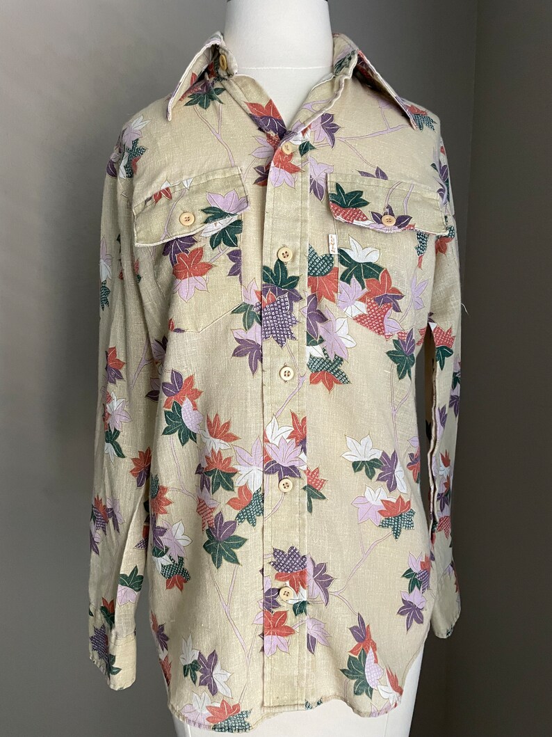 vintage 70s Levi's floral linen style leaves button-down blouse women's small/medium image 4