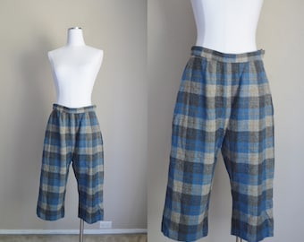 40s 50s  plaid wool capri trousers / wool 1940s blue plaid capri pedal side zip pusher pants / womens small/ medium