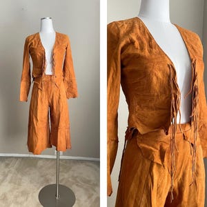 Vintage des années 80, jupe-culotte en cuir marron clair du sud-ouest à franges gaucho pantalon boléro style veste courte-x-small petite-Sante Fe Leather Co