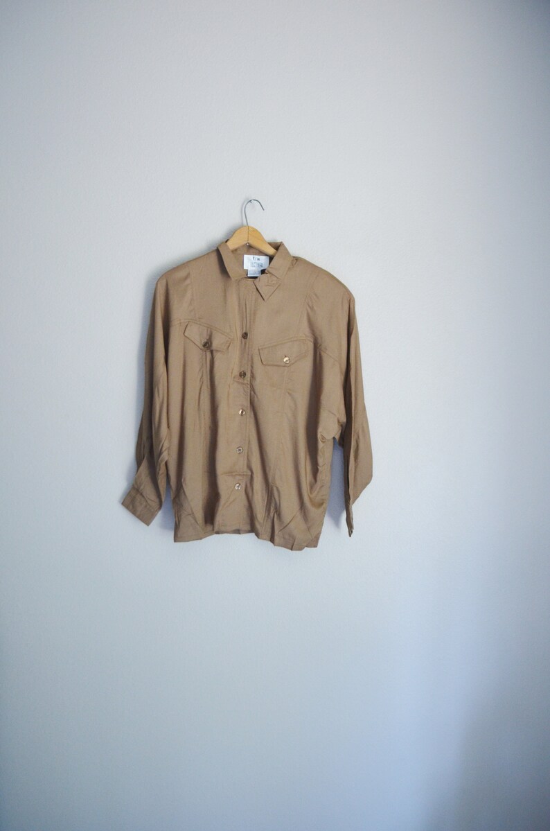 bown blouse / vintage 90s brown rayon button down soft blouse / minimal lightweight summer comfy button down blouse / womens small blouse image 4