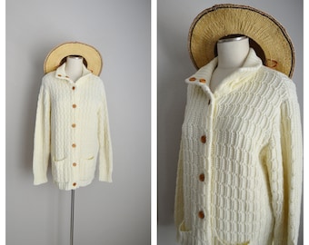 vintage 70s ivory cardigan / grandma cardigan / ivory acrylic shawl neck cardigan sweater / medium large