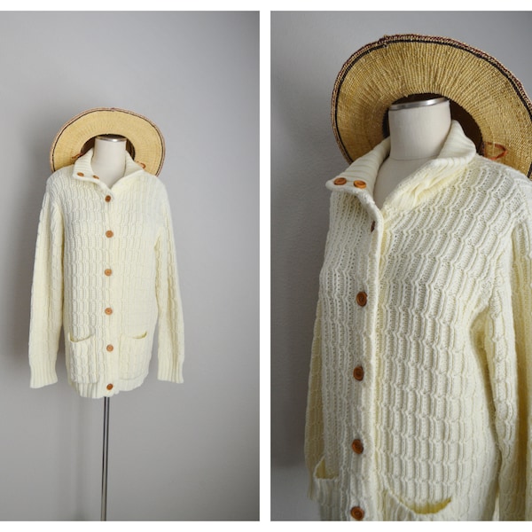 vintage 70s ivory cardigan / grandma cardigan / ivory acrylic shawl neck cardigan sweater / medium large