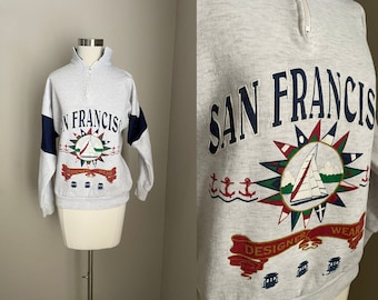 vintage 90s san francisco gray blue logo zip neck bay area tourist sweatshirt- women's small medium
