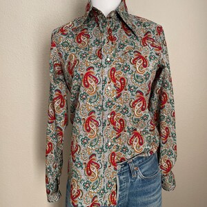 vintage 70s Lee Paisley Western Style Peal Snap Polyester button Down Blouse women's small image 6